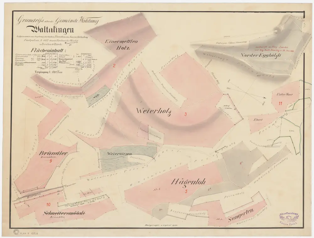 Waltalingen: Gemeindewaldung: Einermettler (Einermettlen Holz), Weierholz, Brünndler (Bründler), Eiermätteli, Hägenloo (Hägenloh), Moos, Ebnet, Sangerten, Vorder Egghölzli, Schneiters Möösli; Grundrisse