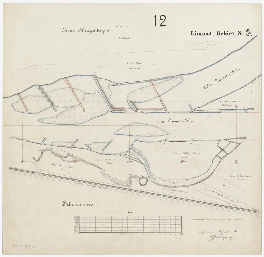 Schlieren bis Würenlos AG: Limmat von oberhalb der Grenze zwischen Schlieren und Dietikon bis zur linksufrigen Grenze zwischen den Kantonen Zürich und Aargau: Blatt 12: Dietikon und Unterengstringen: Bei Glanzenberg und Schönenwerd; Situationsplan (Limmat-Gebiet Nr. 3)