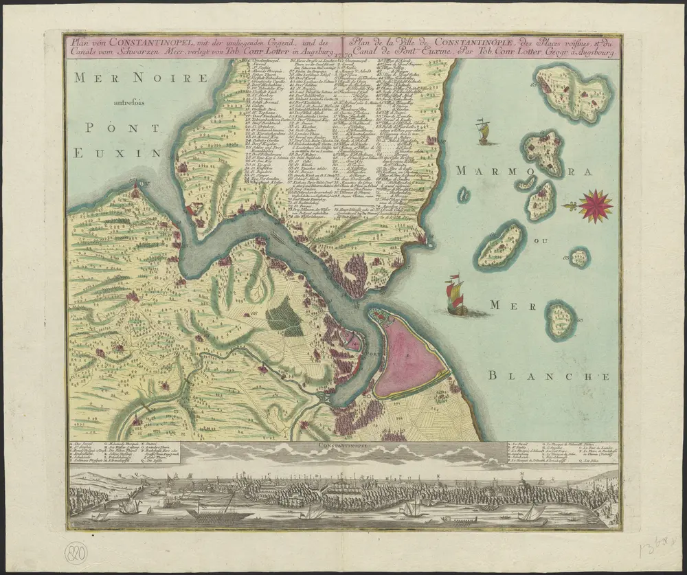 Plan von Constantinopel, mit der umliegenden Gegend, und des Canals vom Schwarzen Meer = Plan de la ville de Constantinople, des places voisines, et du Canal de Pont Euxine