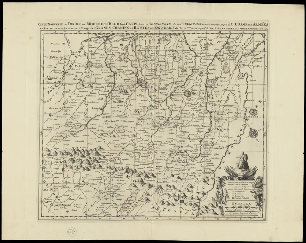 Carte nouvelle du Duché de Modene, de Regio et de Carpi, avec la seigneurie de la Cafargnana &c. : levée par ordre exprès à l' usage des armées en Italie, où sont exactement marques les grands chemins, les routes des imperiaux &c.