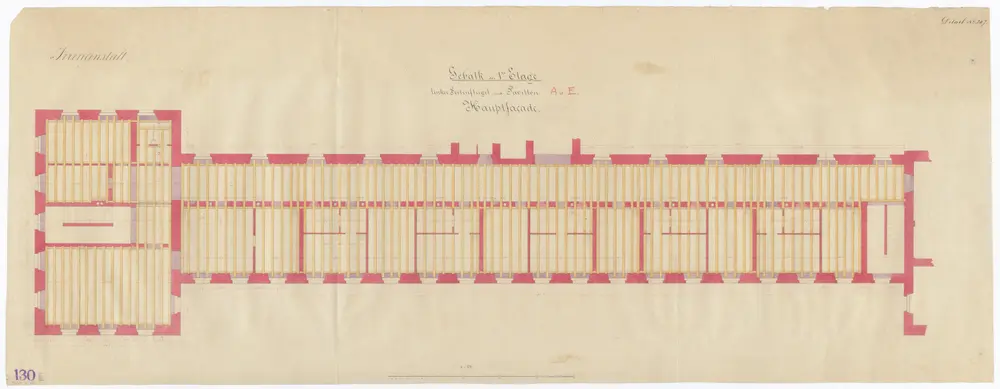 Irrenanstalt Burghölzli: Hauptfassade, linker Seitenflügel und Pavillon A und E, 1. Stock; Gebälk; Grundriss