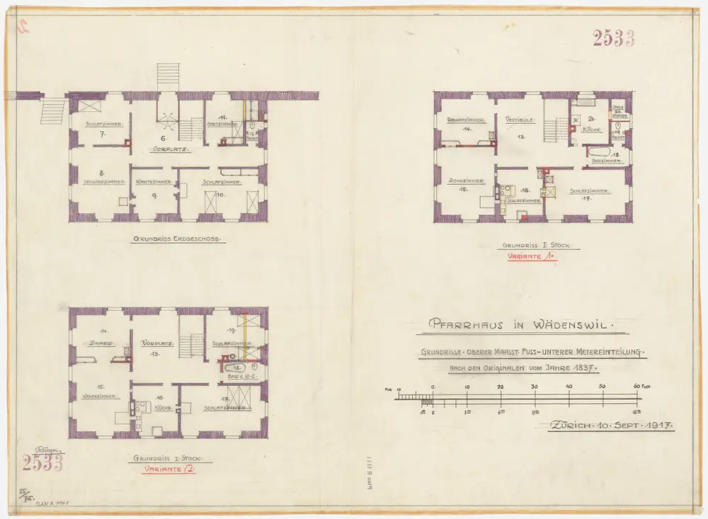 Wädenswil: Pfarrhaus, Erdgeschoss und 1. Stock (Varianten 1 und 2); Grundrisse (Nr. 2)