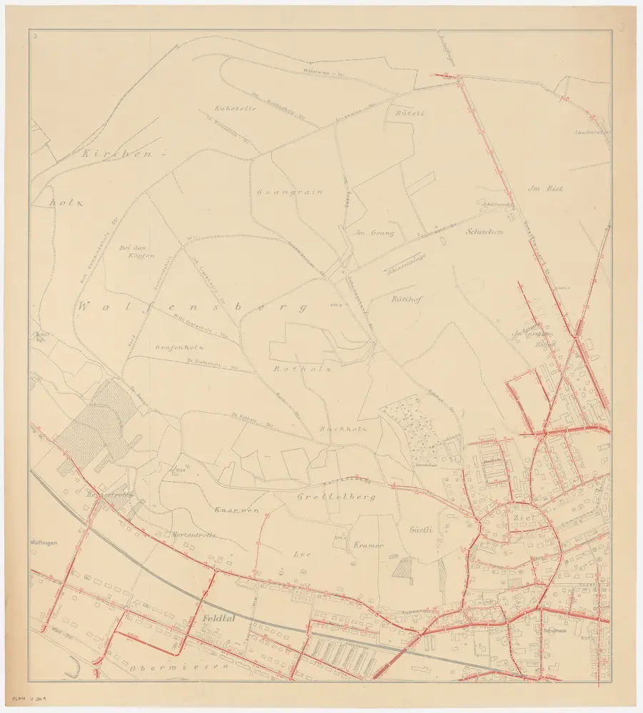 Winterthur: Gemeinde; Kanalisation: Blatt 3: Gegend bei Wolfensberg, Chilenholz (Kirchenholz), Gsangrain, Schachen, Feldtal, Grettelberg (Gretelberg) und Ziel; Übersichtsplan