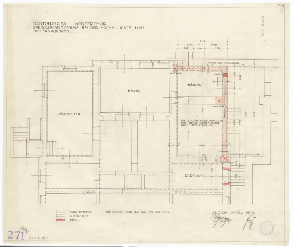 Winterthur: Kantonsspital, Hauptgebäude, Speisezimmeranbau bei der Küche, Kellergeschoss; Grundriss (Nr. 271)