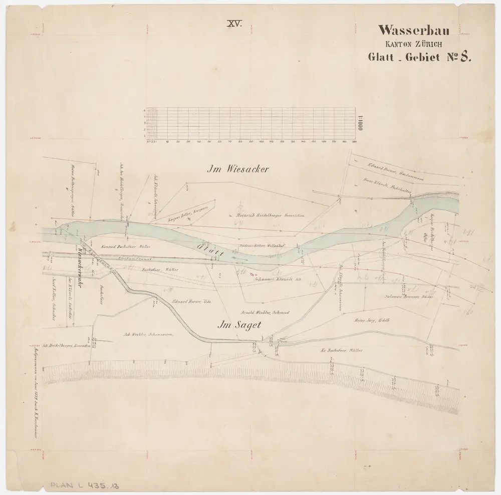 Rümlang bis Bülach: Glatt von der Mühle in Rümlang bis zum Zieglenwehr in Bülach; Grundrisse (Glatt-Gebiet Nr. 8): Blatt XV: Glatt beim Wiesäcker in Hochfelden; Grundriss (Glatt-Gebiet Nr. 8)