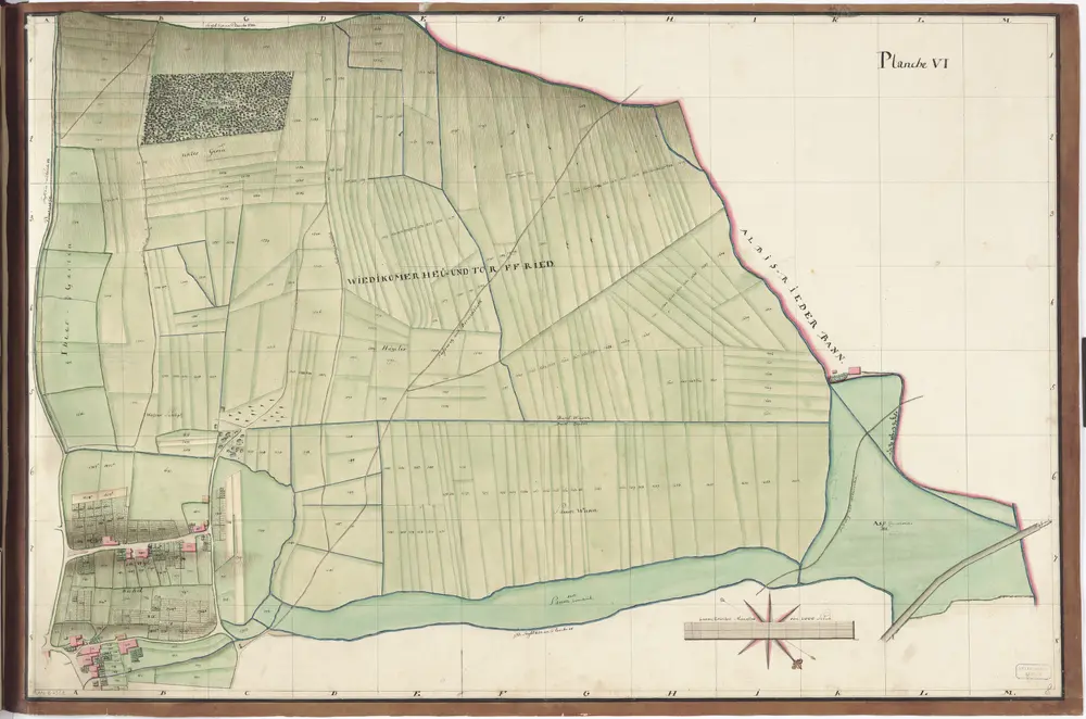 Wiedikon und Aussersihl: Vermessung der Gemeinden: Planche VI: Heu- und Torfried, daran stossende Weiden im Saum und Asp und jener Teil von Wiedikon, der Wyl genannt wird