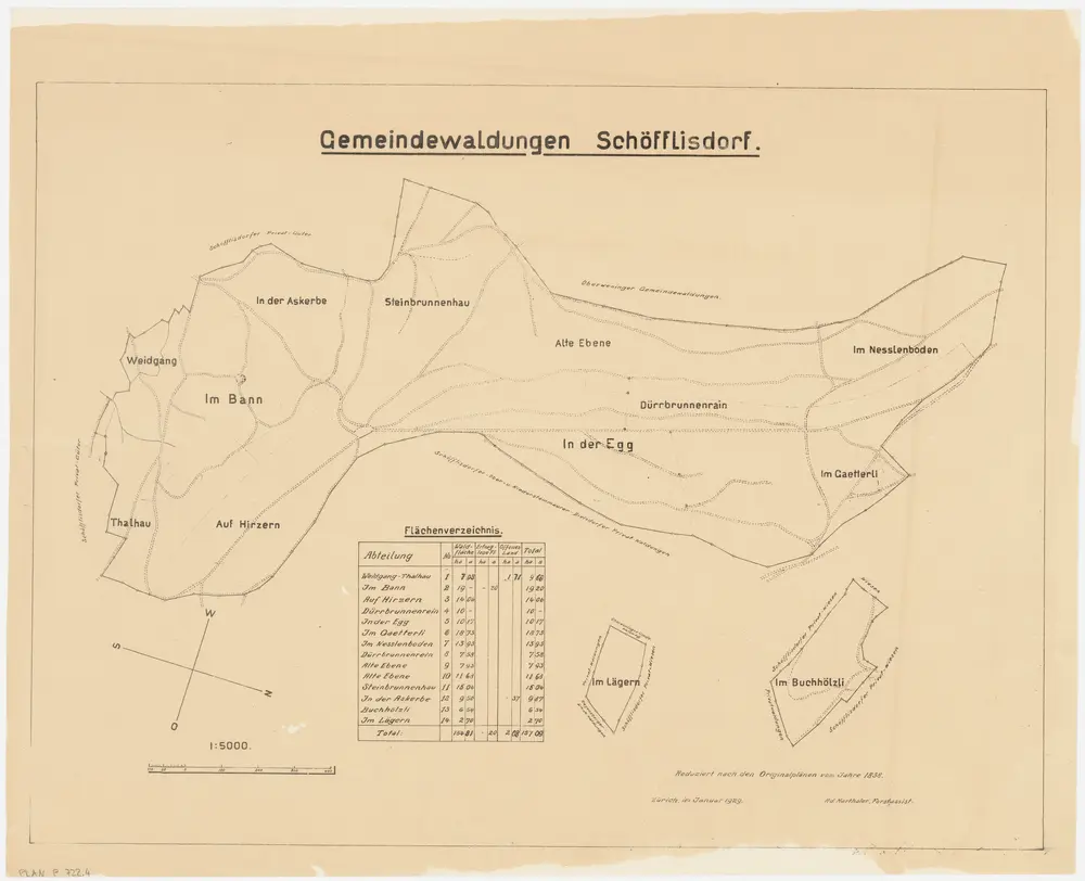 Schöfflisdorf: Gemeindewaldung: Im Lägern, Talhau (Thalhau), Weidgang, Baa (Bann), Askerben (In der Askerbe), Alte Ebene, Steinbrunnenhau, Dürrbrunnenrain (Dürrbrunnenrein), Egg, Gätterli, Nesslenboden, Buechhölzli (Buchhölzli), Hirzeren (Hirzern); Grundrisse