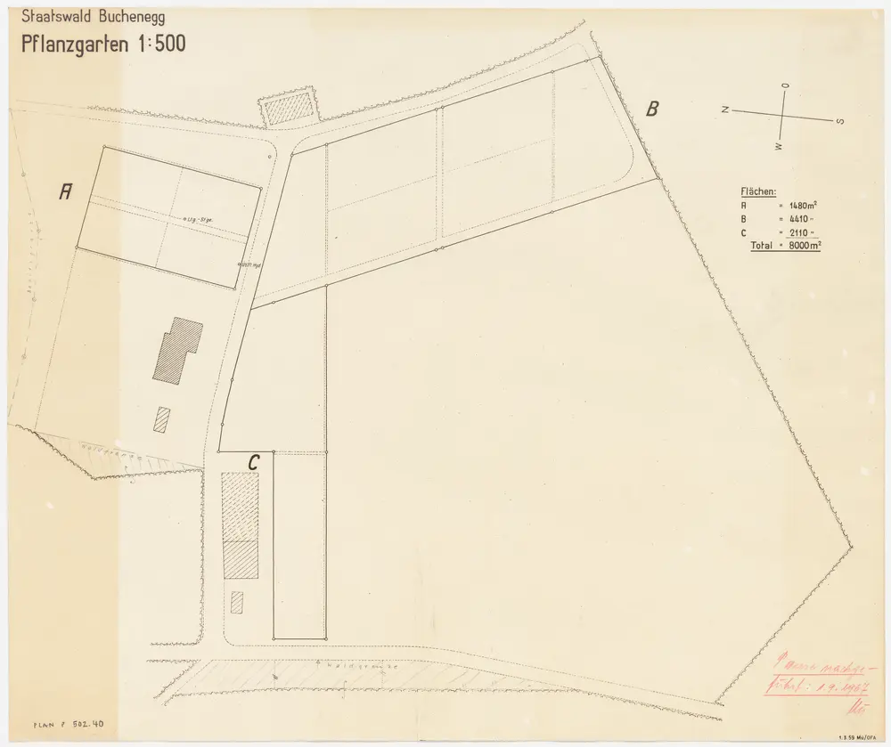 Stallikon, Adliswil, Aeugst am Albis, Langnau am Albis: Staatswaldung Buechenegg: Adliswil, Stallikon, Aeugst am Albis, Langnau am Albis: Pflanzgarten in der Staatswaldung Buechenegg; Grundriss