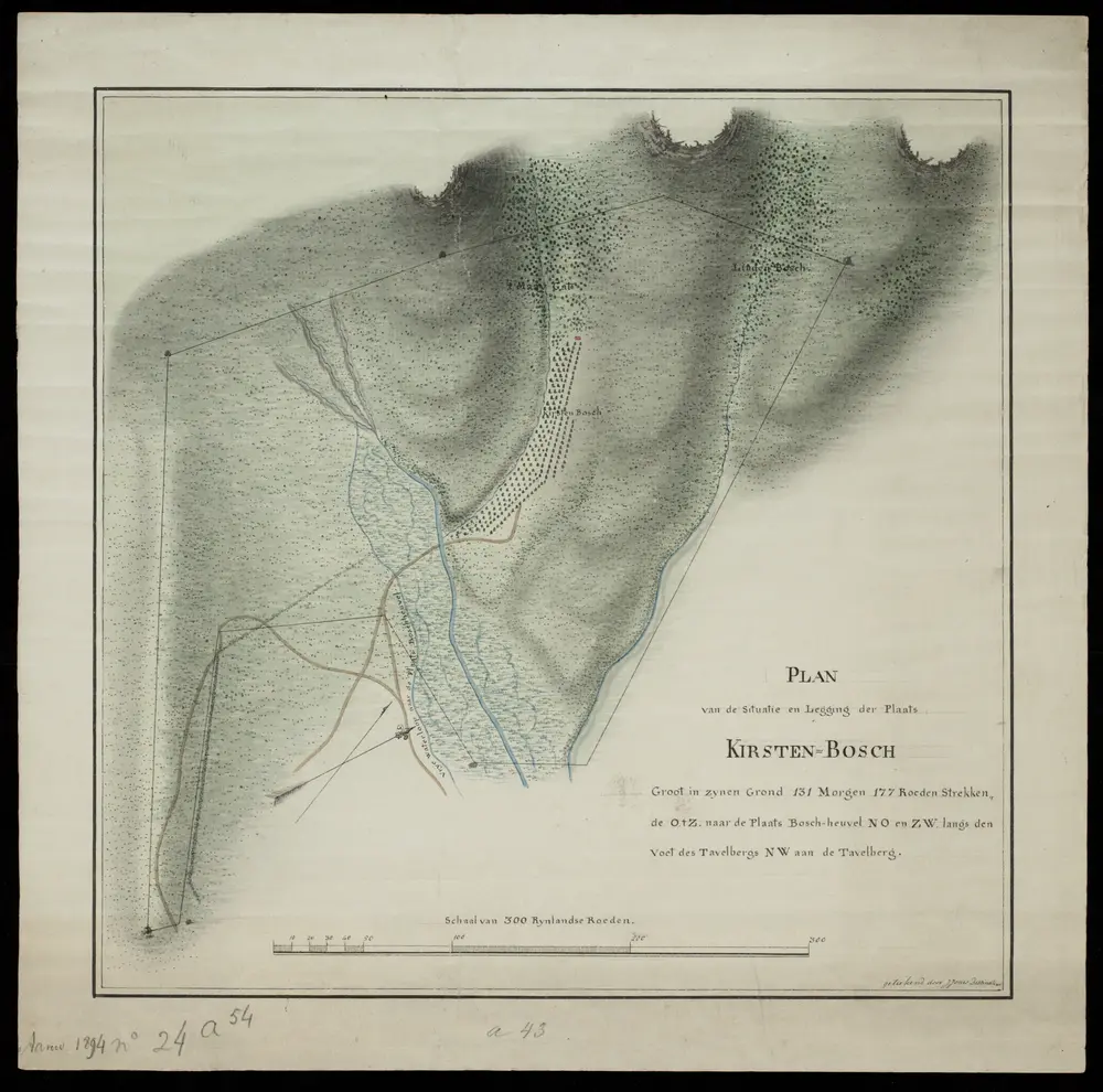 Plan van de situatie en legging der plaats Kirstenbosch, door J. Jones, dessinateur.