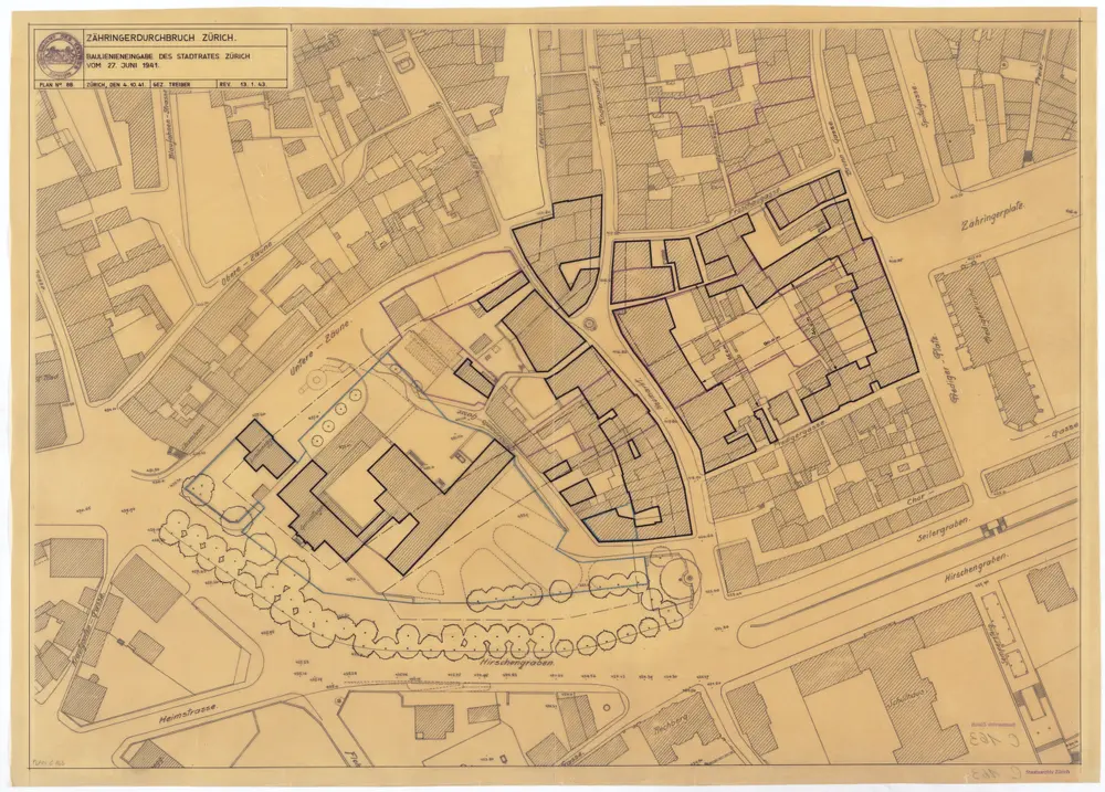 Situationsplan des projektierten Zähringerdurchbruchs nach der Baulinieneingabe des Stadtrates Zürich vom 27.06.1941