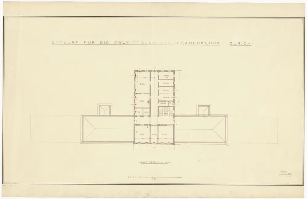 Frauenklinik Zürich: Entwurf für die Erweiterung, 2. Stock; Grundriss