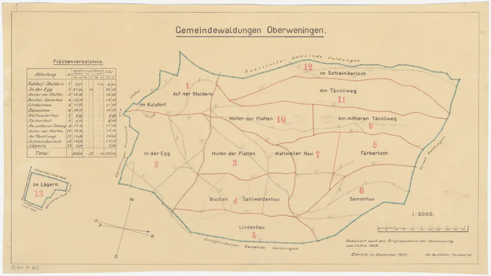 Oberweningen: Gemeindewaldungen Auf der Staldern, Chalstorf (Kalstorf), Egg, Buchen, Salwidenhau (Sahlweidenhau), Lindenhau, Samenhau, Wattweiler Hau, Färberloch, Tännliweg, Platten, Schlinkerloch (Schlinikerloch), Lägern; Grundrisse