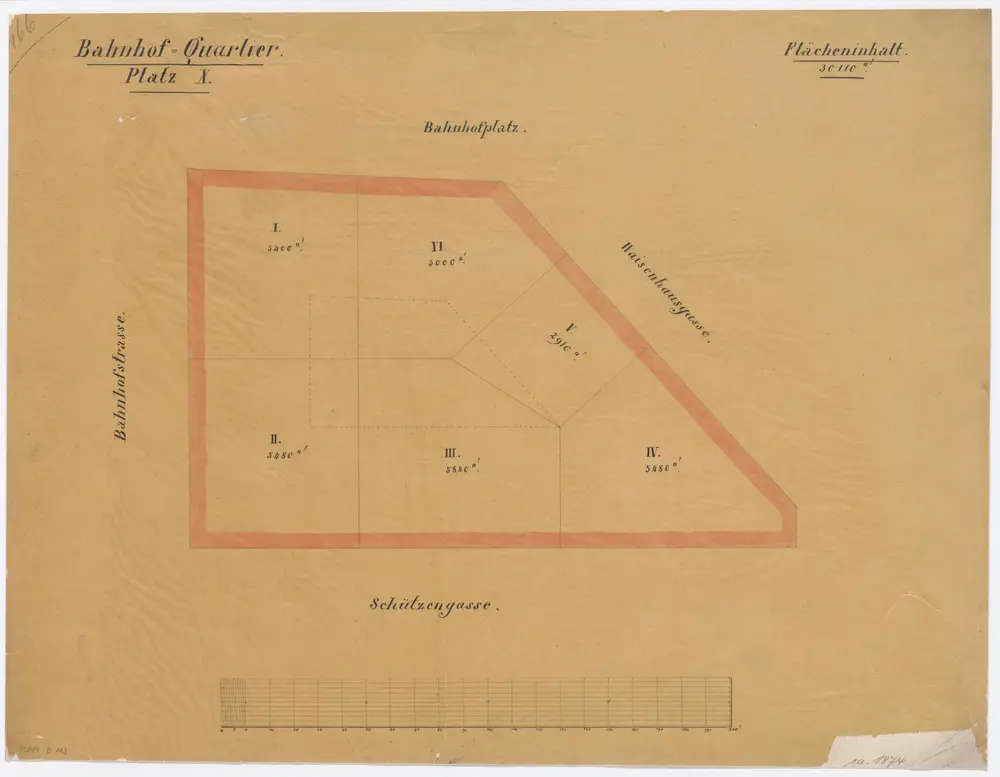 Bahnhofquartier, Bauabteilung 10, Gebäude an der Waisenhausgasse, Schützengasse, Bahnhofstrasse und am Bahnhofplatz: Einteilung der Bauplätze; Grundriss (Nr. 5)