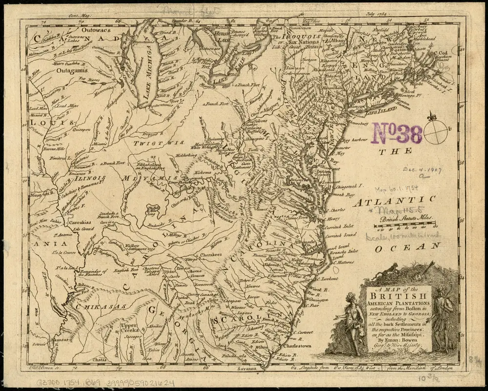 A Map of the British American plantations, extending from Boston in New England to Georgia, including all the back settlements in the respective provinces, as far as the Mississipi