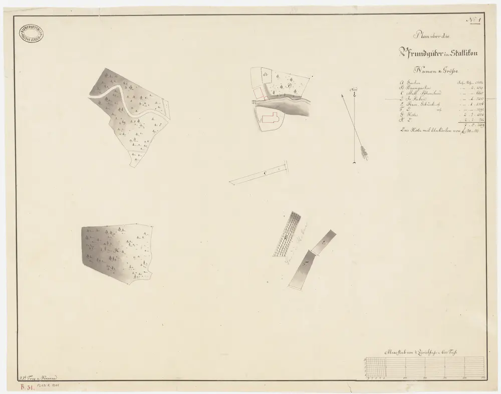 Stallikon: Pfrundgüter Garten und Baumgarten bei Pfarrhaus und Kirche, Matt-Pflanzland, in Reben, Rain-Gebüsch und Holz; Grundrisse (Nr. 1)