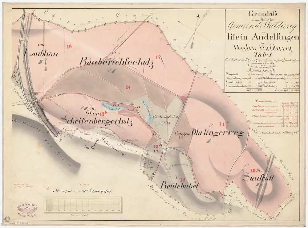 Kleinandelfingen: Gemeindewaldung: Untere Waldung mit Räubrichseeholz, Laubhau, Kohlplatz, Süstal (Saustall), Unterm Örlingerweg, Schiterberg (Scheitenbergerholz), Rütibüel (Reutebühel); Grundriss (Tab. I)