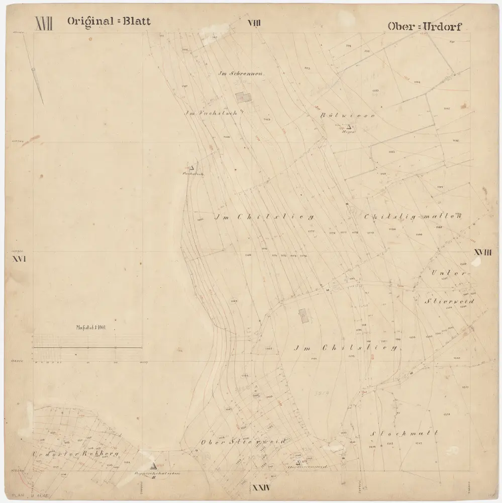 Oberurdorf: Gemeinde; Katasterpläne: Blatt XVII: Im Schrennen, In den Fuchslöchern (Im Fuchsloch), Rütwiese, Chlistig (Chilstieg), Chilstiegmatten, Untere Stierenweid, Obere Stierenweid, Urdorfer Rebberg und Stockmatt; Situationsplan