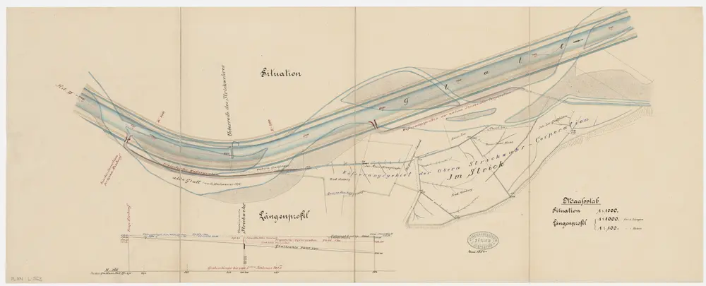 Glattfelden: Oberes Strickwehr, projektierter Wässerungsgraben der oberen Strickwuhrkorporation; Situationsplan und Längsprofil (Glatt-Gebiet Nr. 32)