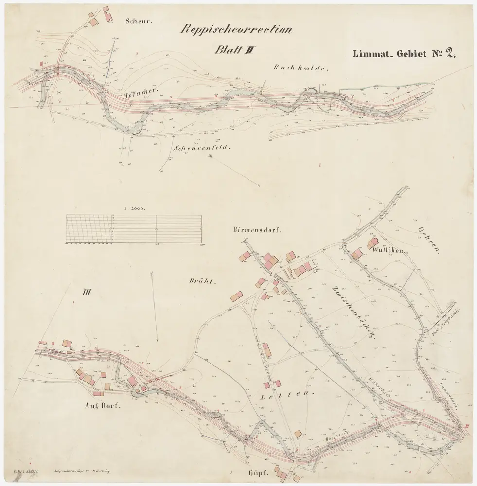 Birmensdorf bis Dietikon: Von oberhalb Landikon bis zur Einmündung in die Limmat, Reppischkorrektion: Blatt II: Birmensdorf: Scheur bis Gehren; Situationsplan (Limmat-Gebiet Nr. 2)