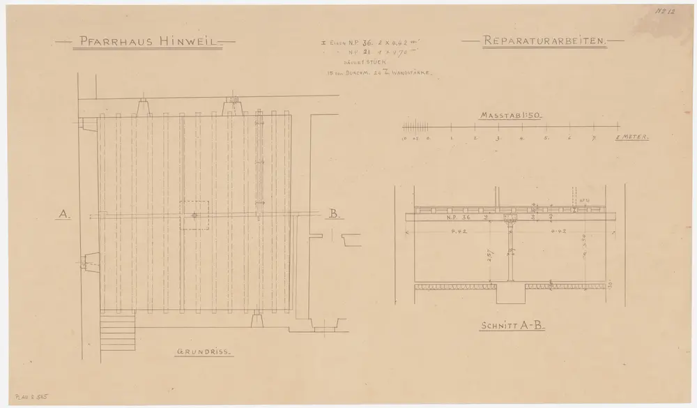 Hinwil: Pfarrhaus, Reparaturarbeiten an der Kellerdecke; Grundriss und Querschnitt (Nr. 12)