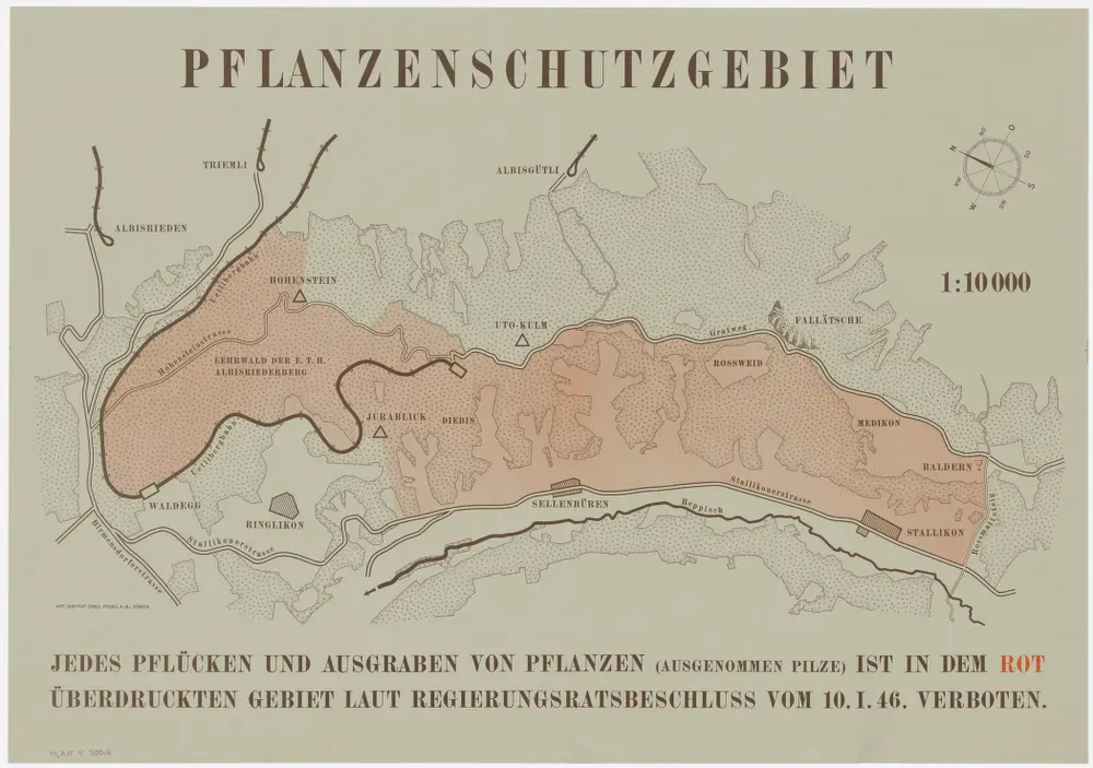 Albisrieden, Stallikon, Uitikon, Zürich: Staatswaldung Üetliberg: Stallikon, Uitikon, Zürich: Pflanzenschutzgebiet auf dem Üetliberg; Übersichtsplan