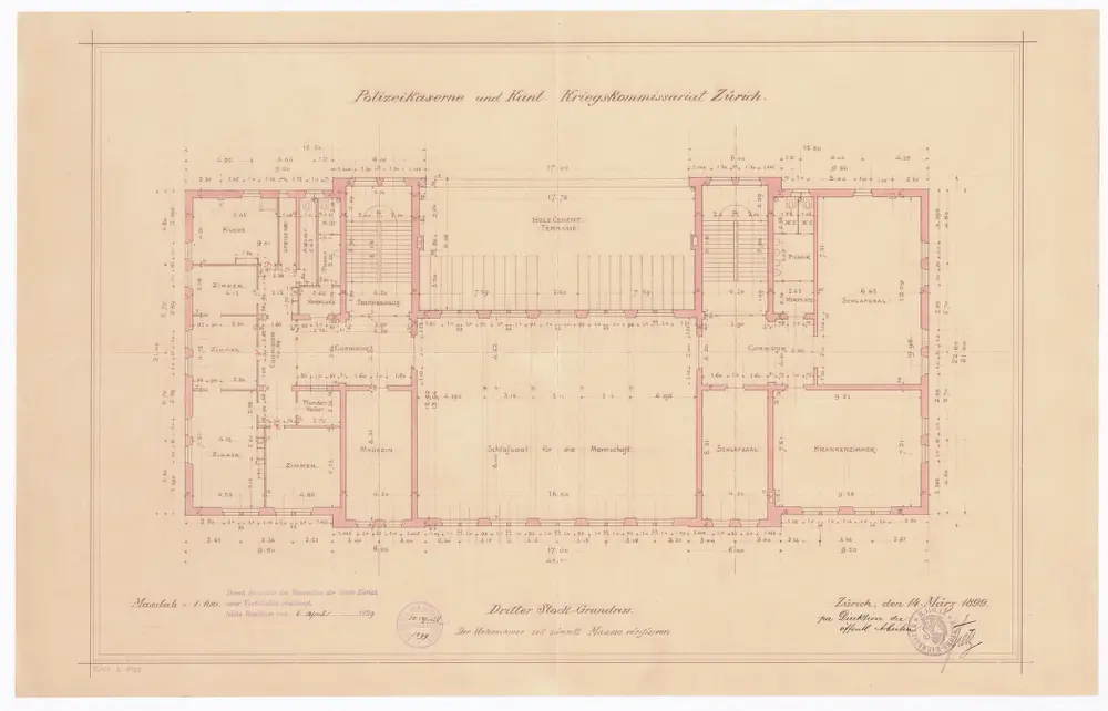 Polizeikaserne und kantonales Kriegskommissariat: 3. Stock; Grundriss