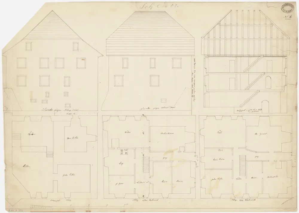 Schlatt: Pfarrhaus; Grundrisse des Erdgeschosses, des 1. und 2. Stocks, Süd- und Westansichten und Querschnitt (Nr. 6)