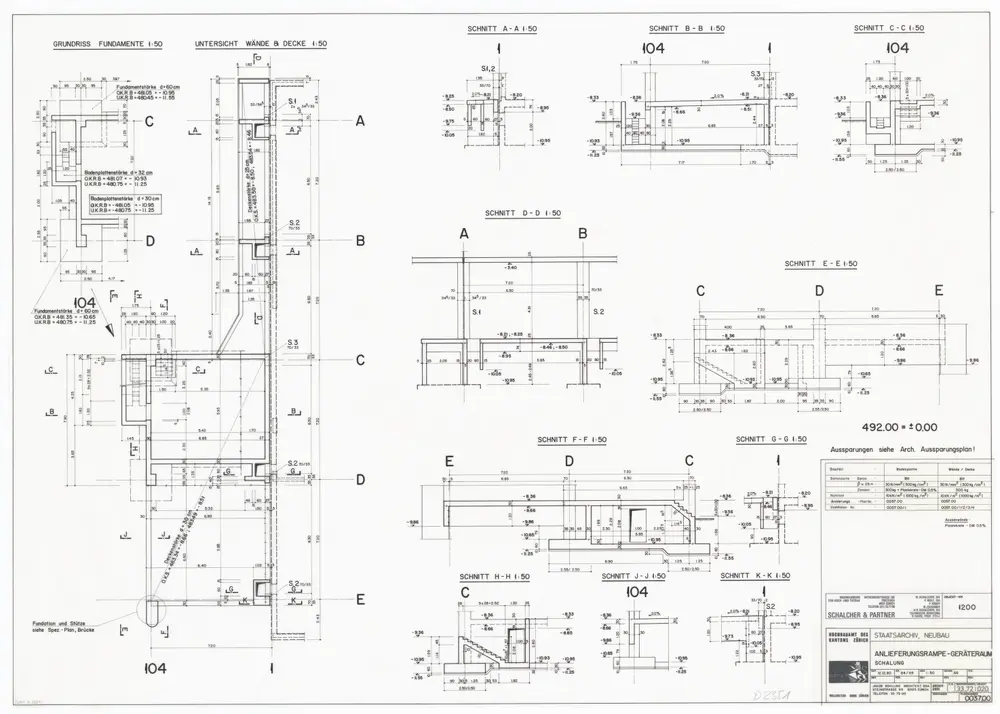 Staatsarchiv des Kantons Zürich, Neubau im Irchelpark: Anlieferungsrampe und Geräteraum; Schnitte und Schalung