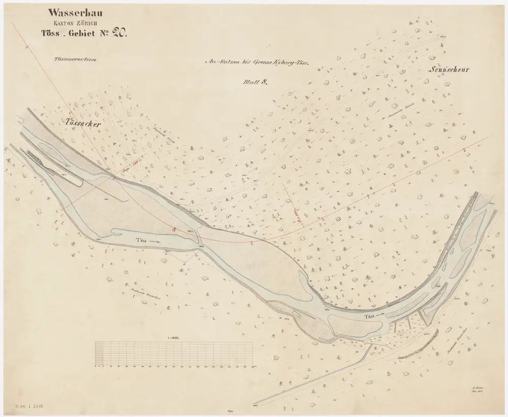 Kyburg, Winterthur: Von Tössacker bzw. Linsental bis Sennschür, Tösskorrektion; Situationsplan (Töss-Gebiet Nr. 20, Blatt 8)