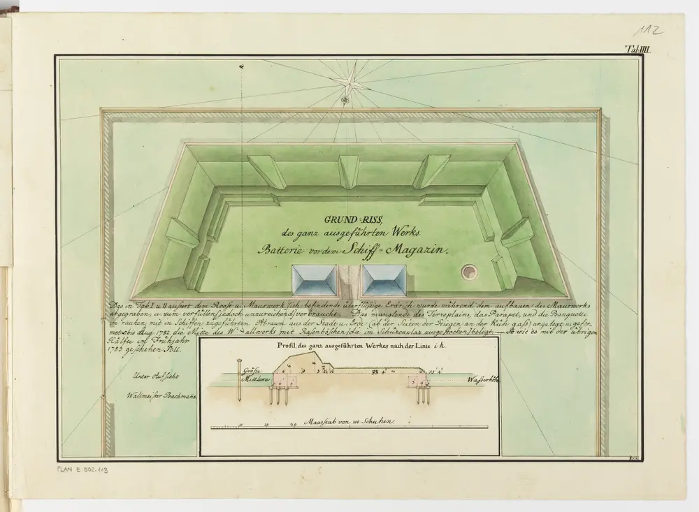Zürich: Dem Spital Zürich gehörende Lehen in den Fortifikationswerken; Ansichten, Grundrisse und Schnitte: Batterie vor dem Schiffschuppen; Grundriss und Schnitt