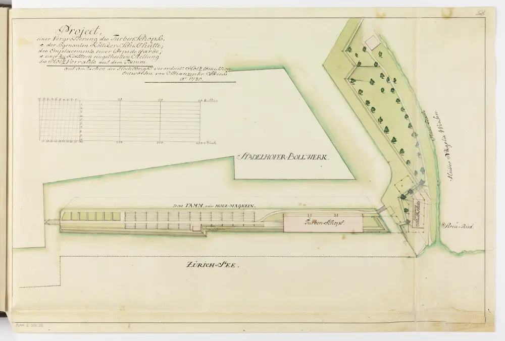 Zürich: Dem Spital Zürich gehörende Lehen in den Fortifikationswerken; Ansichten, Grundrisse und Schnitte: Projekt einer Vergrösserung des Turbenschuppens und der sogenannten Kölliker-Schiffhütte beim Stadelhofer-Bollwerk; Grundriss