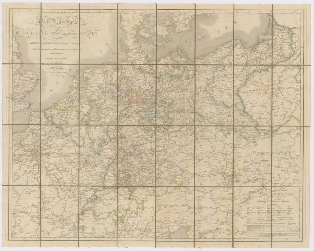 Post- Reise-Karte durch Deutschland und die angraenzenden Staaten zwischen London und Lublin, Koppenhagen und Mantua