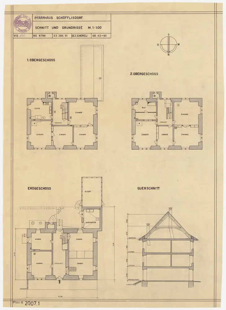 Schöfflisdorf: Pfarrhaus: Erdgeschoss, 1. und 2. Stocks; Grundrisse sowie Querschnitt