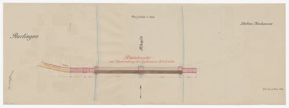 Flurlingen, Neuhausen SH: Projektierte Brücke über den Rhein mit Verwendung der Eglisauer Holzbrücke: Situationsplan