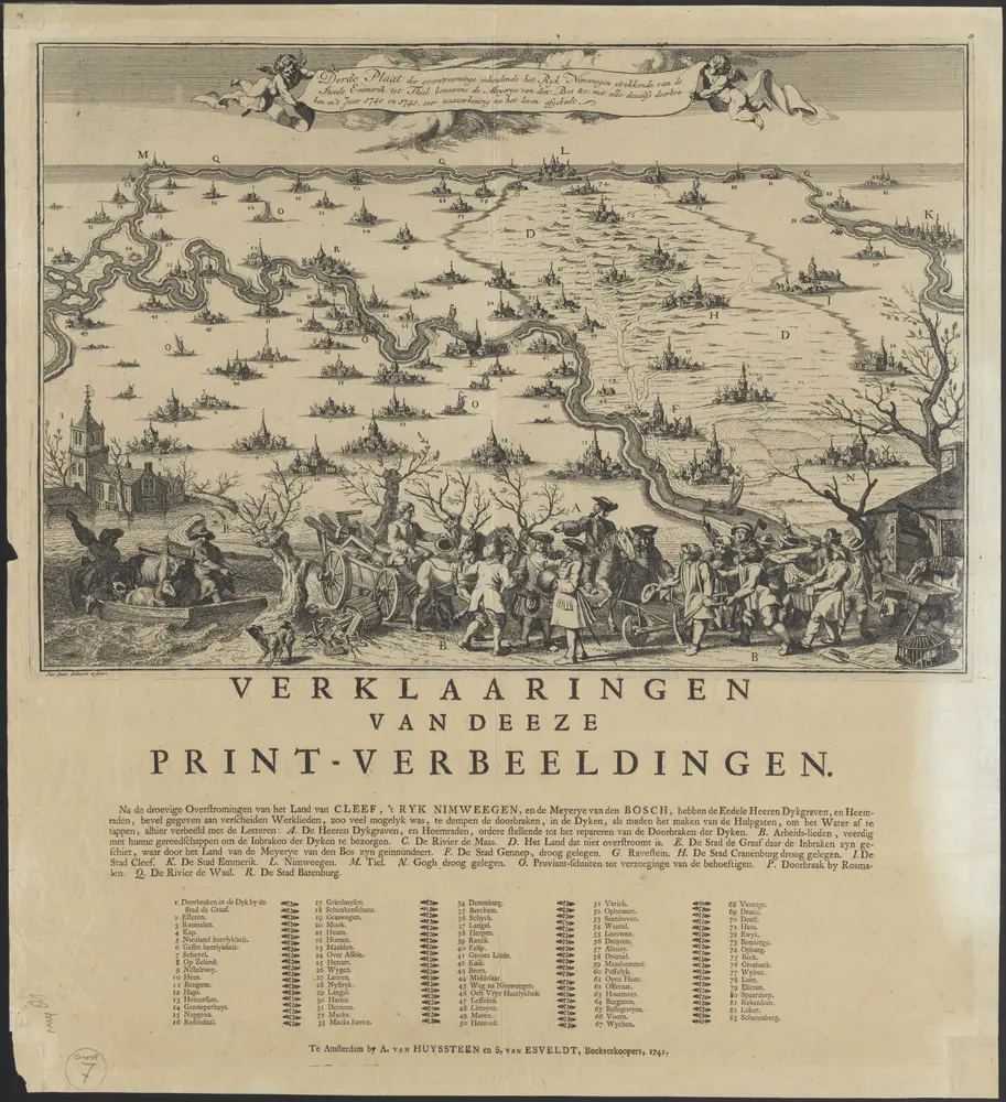 Derde plaat der overstroominge inhoudende het Ryk Nimweegen strekkende van de steede Emmerik tot Thiel beneevens de Meyerye van den Bos &c., met alle desselfs doorbraken in 't jaar 1740 en 1741, seer naauwkeurig na het leven afgebeelt