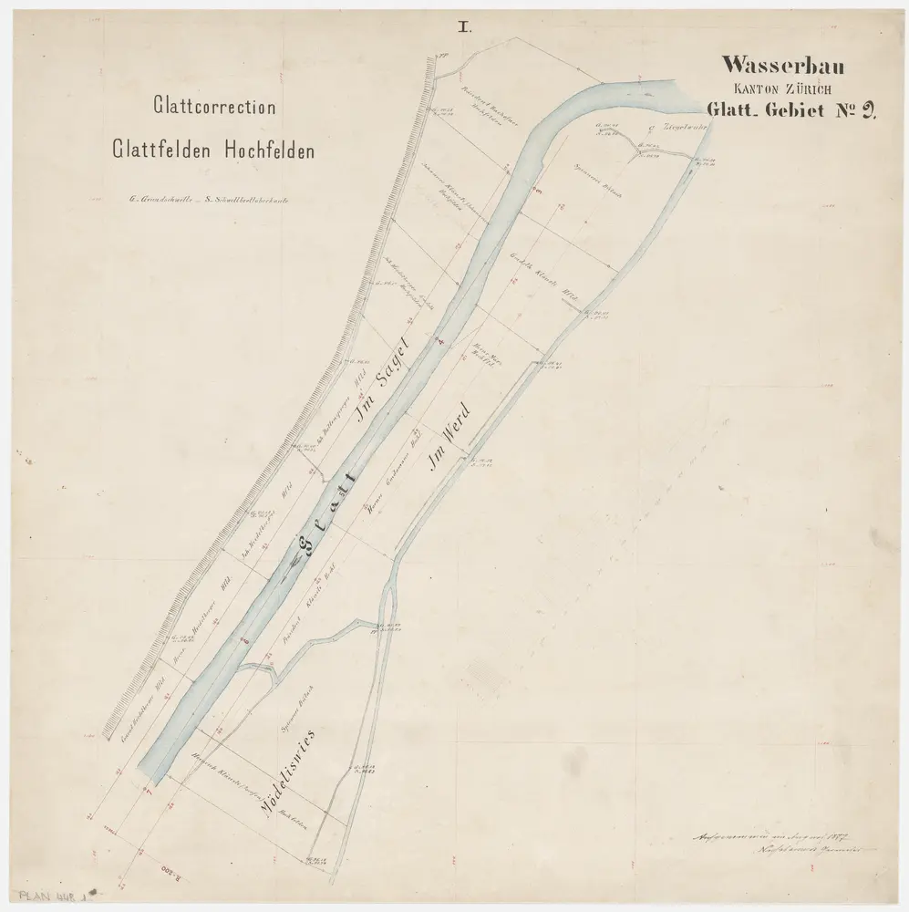 Bülach, Hochfelden, Glattfelden: Hochfelden bis zur Einmündung in den Rhein, Glattkorrektion; Grundrisse (Glatt-Gebiet Nr. 9): Blatt I: Mödeliswies in Hochfelden, Glattkorrektion; Grundriss (Glatt-Gebiet Nr. 9)