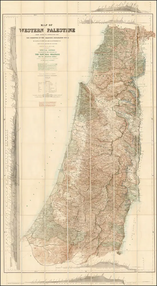 Map of Western Palestine from surveys conducted for The Committee of the Palestine Exploration Fund. By Lieuts. C. R. Conder and H. H. Kitchener, R. E. Reduced from the one inch map in twenty six sheets. Special Edition Illustrating The Divisions of The Natural Drainage And the Mountain Ranges...