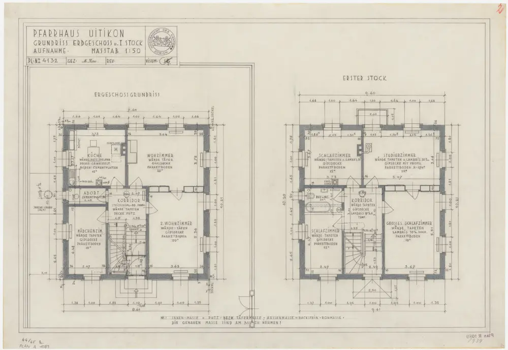 Uitikon: Pfarrhaus, Erdgeschoss und 1. Stock; Grundrisse (Nr. 2)