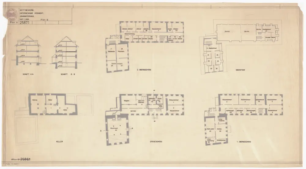 Küsnacht: Unterseminar, Wettbewerb: Johanniterhaus, Geschosse; Grundrisse und Schnitte