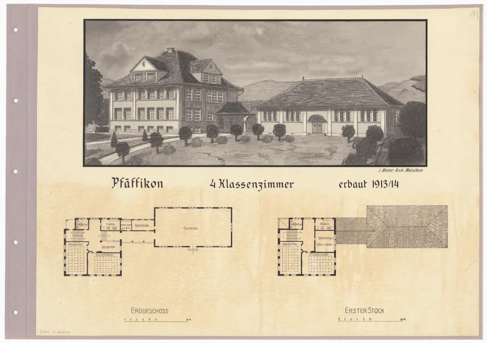 Schulhäuser des Kantons Zürich: Pfäffikon, Schulhaus; Grundrisse und Zeichnung des Gebäudes