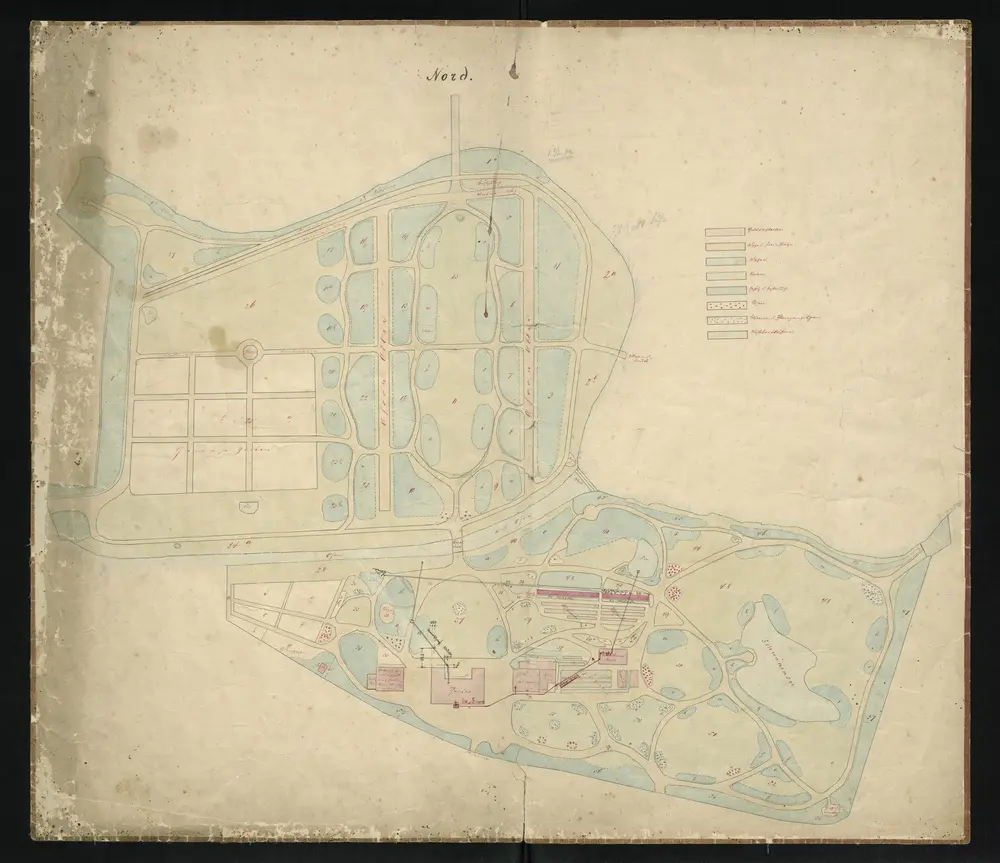 HZAN GA 100_Nr. 332_ : [Öhringen]; [Fürstlicher Park];ohne Verfasser;ohne Maßstab;64 x 56,5 cm;Papier auf Leinwand; Federzeichnung; Einteilung der Beete in Wasserfarben.