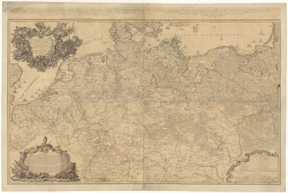 Carte des expeditions de la gverre presente en Allemagne, ou sont exactement marqués les mouvements, les grands chemins, les routes, marches, campemens, les attaques, les sieges, batailles & les postes occupés par les trouppes autrichiennes, & par leurs alliés, par les armées suedoises, russiennes, & par celles combinées de la France & de l'Empire, contre les trouppes du roi de Prusse & Hannovriennes, depuis l'entrée de l'armée prussienne en saxe l'an 1756. jusqu a l'an 1759