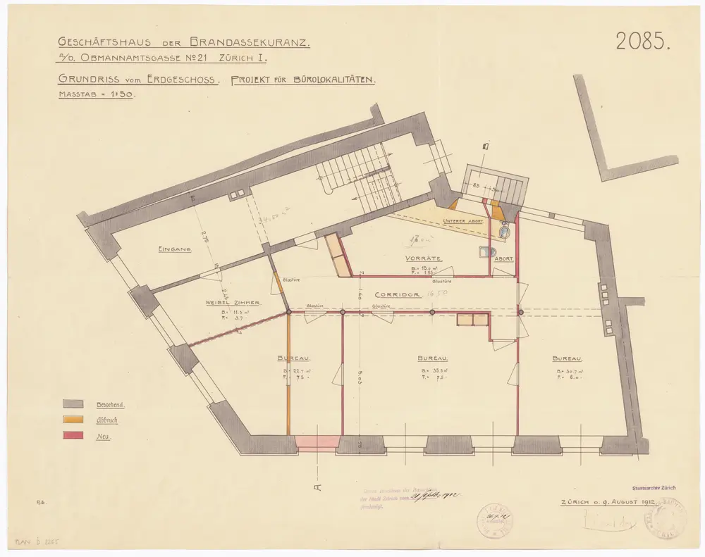 Geschäftshaus der Brandassekuranz, Obmannamtsgasse 21: Projektierte Bürolokalitäten im Erdgeschoss; Grundriss