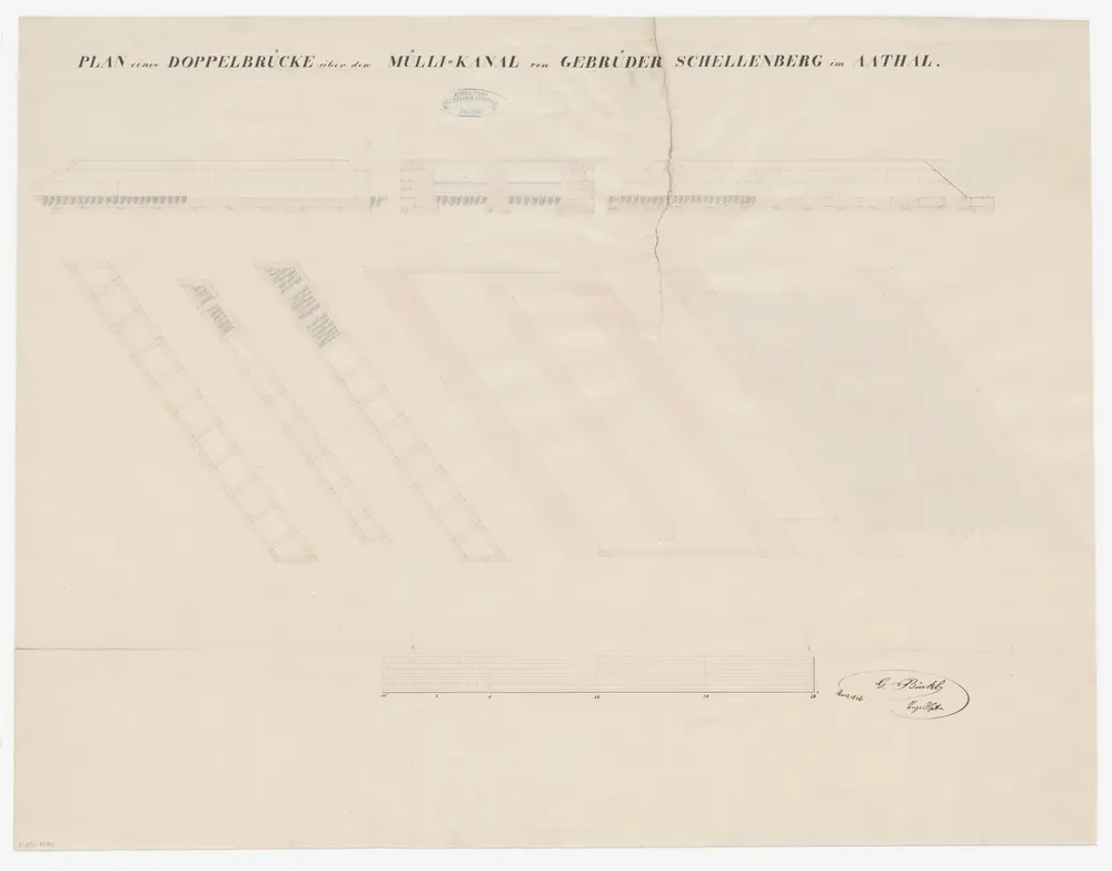 Seegräben: Doppelbrücke über den Mühle-Kanal der Gebrüder Schellenberg in Aathal; Grundriss und Schnitte