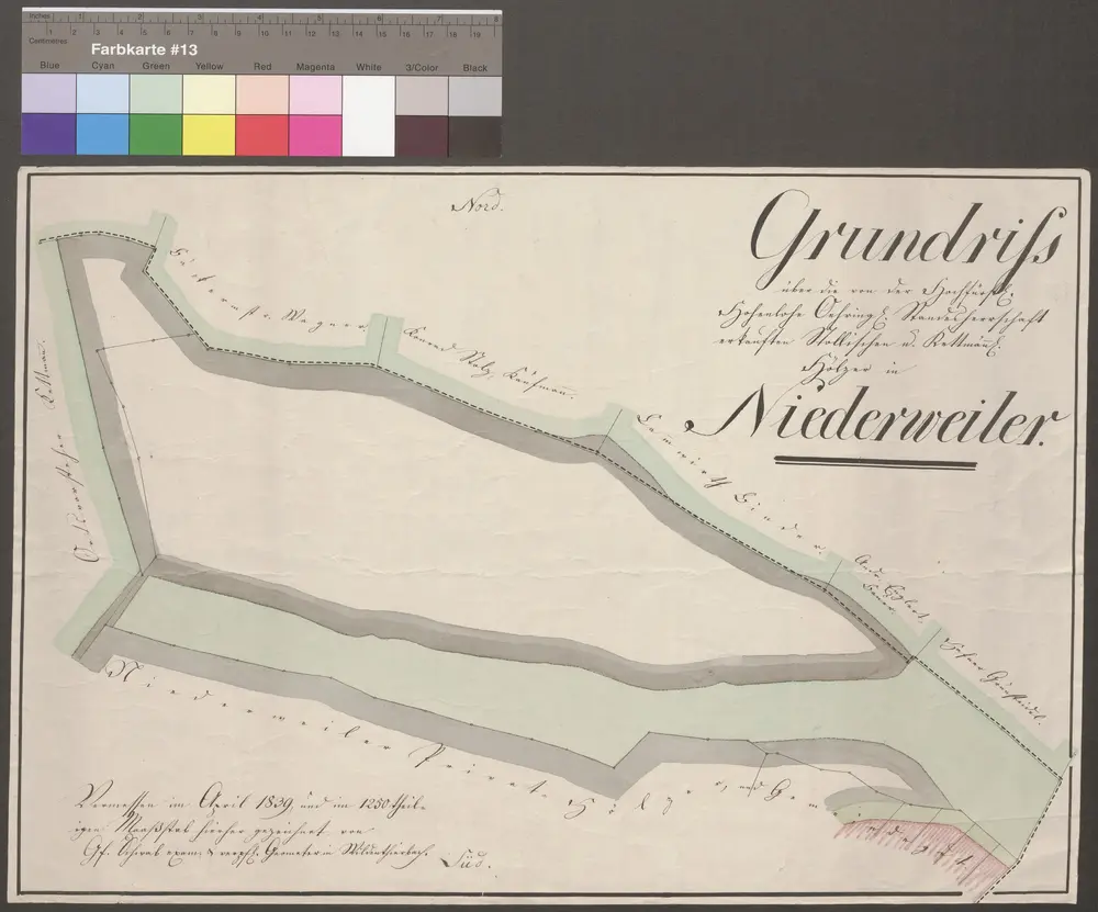 HZAN GA 100_Nr. 306_ : Niederweiler (Kr. Crailsheim); "Grundriß über die von Hohenlohe-Öhringen erkauften Stollischen und Kettemännischen Hölzer in Niederweiler";Geometer Schwab in Wildentierbach;ohne Maßstab;44,5 x 30,5 cm; Norden oben;Papier; Federzeichnung; einfache Vermessungskarte.