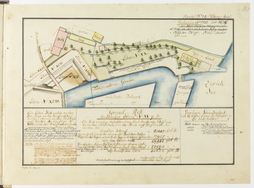 Zürich: Dem Spital Zürich gehörende Lehen in den Fortifikationswerken; Ansichten, Grundrisse und Schnitte: Schanzenlehen Nr. 20 Grosse Stadt, zwischen Mühlebach und Stadelhofer-Bollwerk; Grundriss