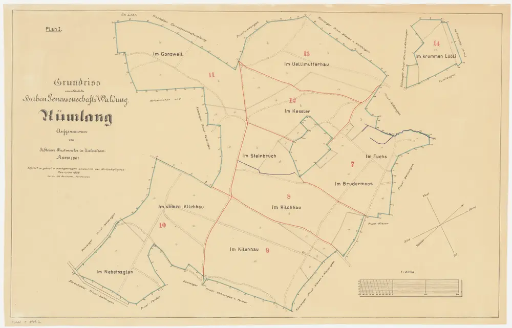 Rümlang: Hubengenossenschaftswaldungen: Nebetsaglen, Undere Chilehau, (Im untern Kilchhau), Chilehau (Kilchhau), Gonzweil, Uelimueterhau (Uellimutterhau), Chessler (Kessler), Steibruch (Steinbruch), Bruedermoos (Brudermoos), Fuchs, Chrummenlöli (Im krummen Lööli); Grundrisse (Plan I)