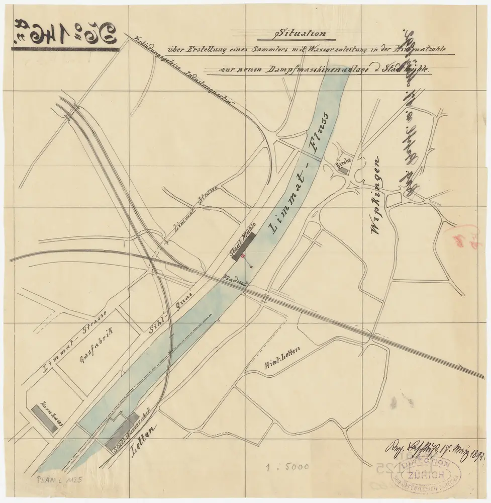 Zürich, Wipkingen: Bei der Stadtmühle der Herren Maggi und Cie. am Sihlquai, Erstellung eines Sammlers mit Wasserzuleitung in der Limmatsohle zur neuen Dampfmaschinenanlage; Situationsplan