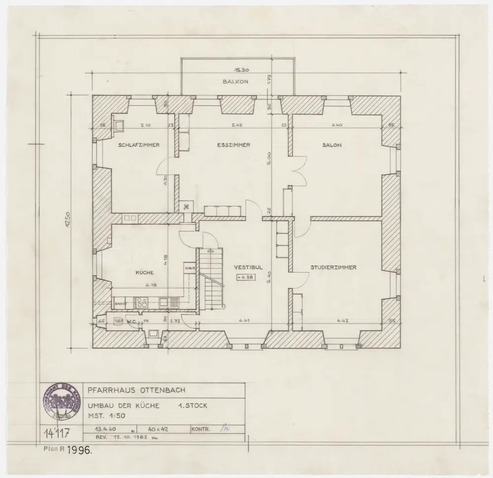 Ottenbach: Pfarrhaus, 1. Stock, Umbau der Küche; Grundriss