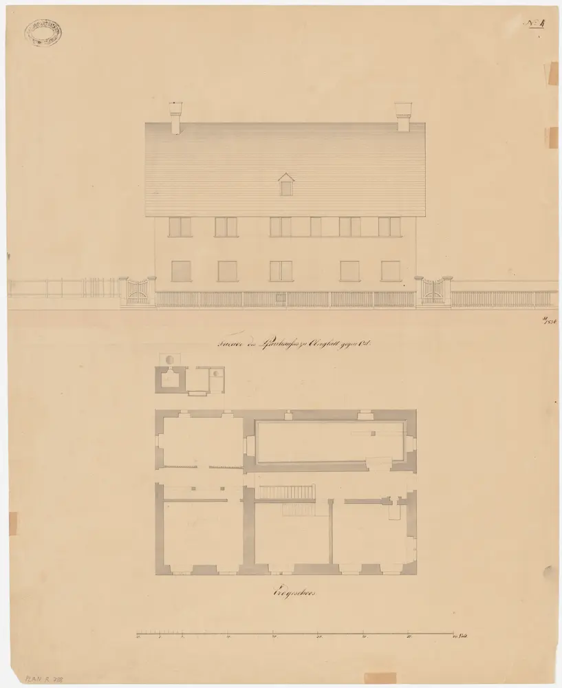 Oberglatt: Pfarrhaus; Ostansicht und Grundriss des Erdgeschosses (Nr. 4)